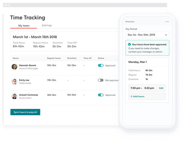 Screenshot of Gusto Time Tracking feature - gusto review