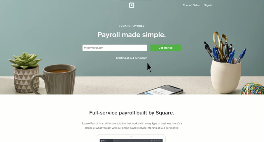 Screenshot of Square Payroll get started page