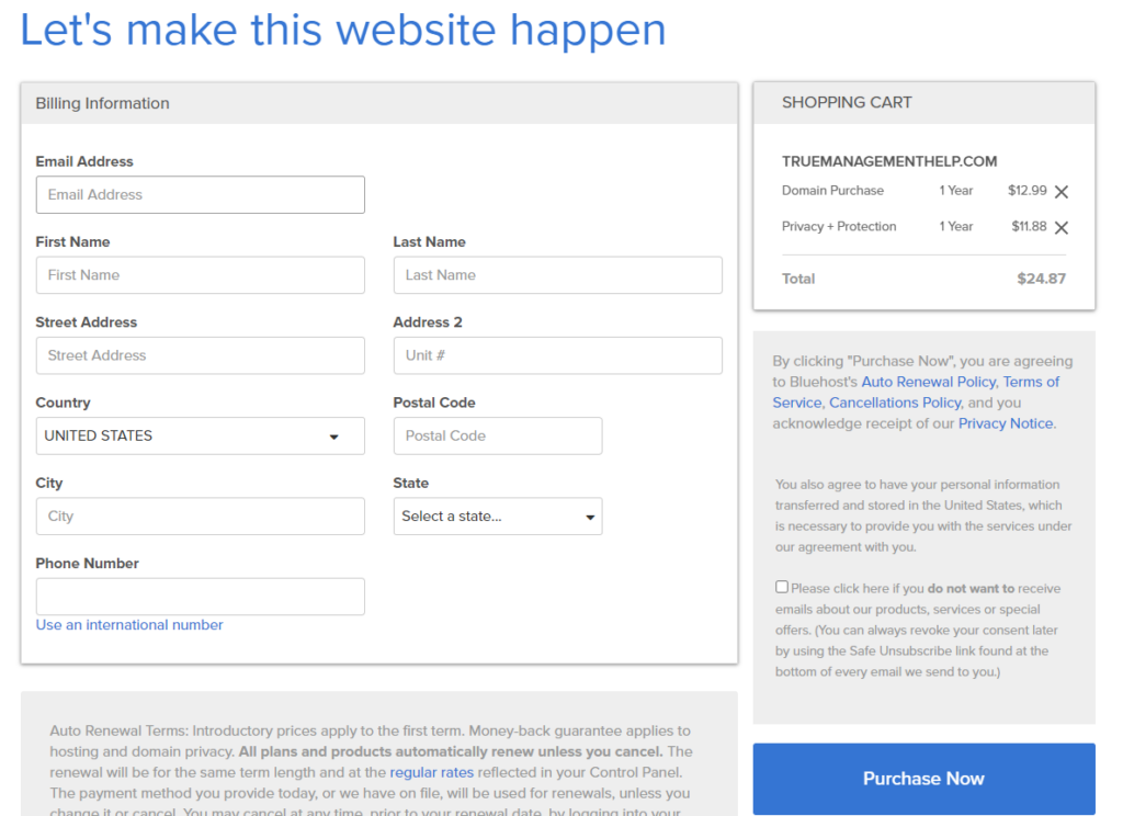 Screenshot of Bluehost domain name registration, billing information page.