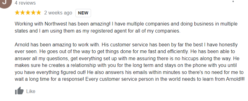 Screenshot of Northwest Agent customer review from Google