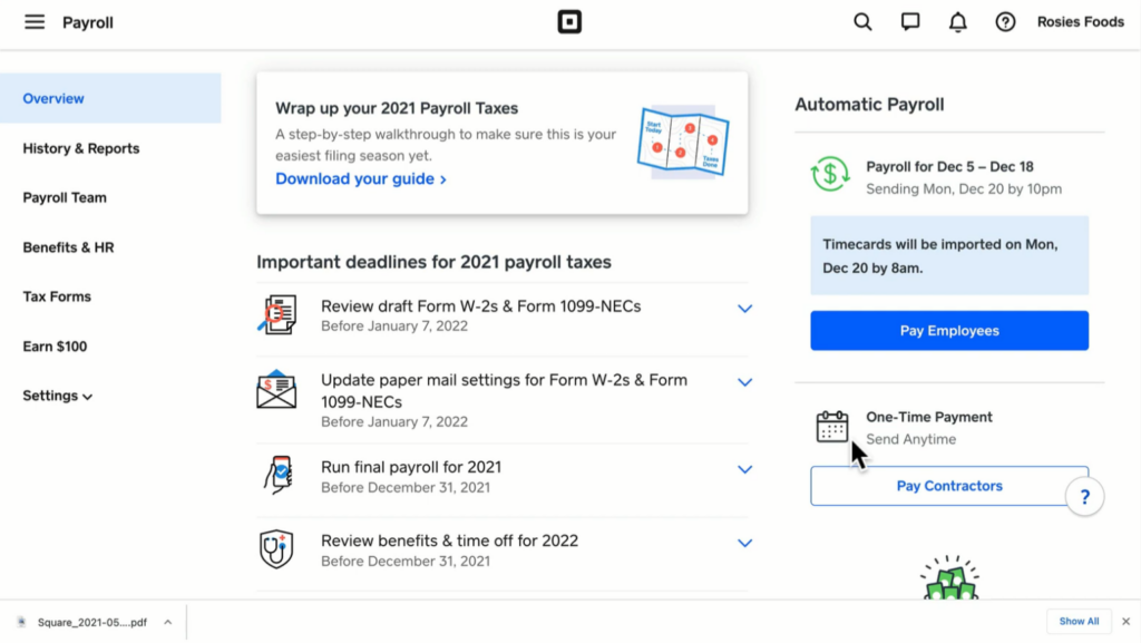 Screenshot of Square payroll overview, tax forms