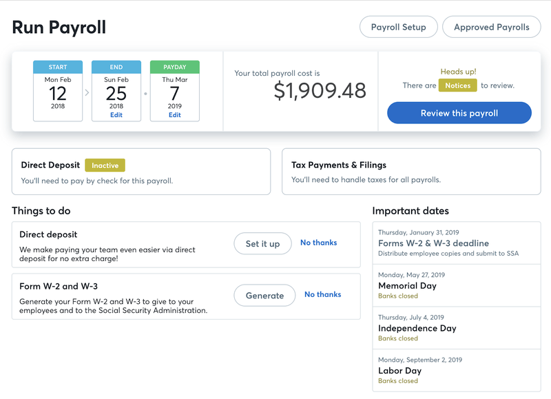 Screenshot of Wave Payroll’s dashboard to run payroll.