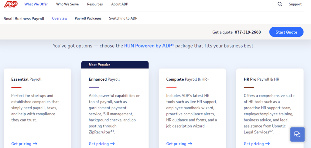 Screenshot of ADP pricing plans