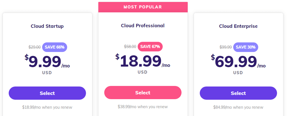 Screenshot of Hostinger cloud hosting pricing plans