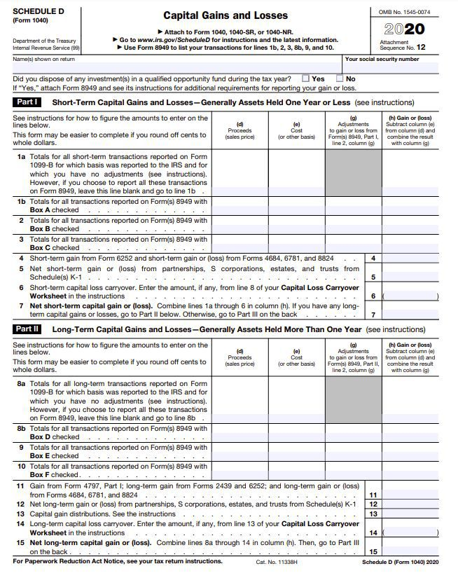 IRS Form 1040/ Schedule D for Crypto net capital gains or losses