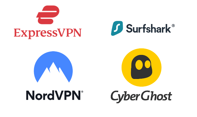 Logos of ExpressVPN, CyberGhost VPN, NordVPN, and Surfshark - Ultimate Guide to VPNs