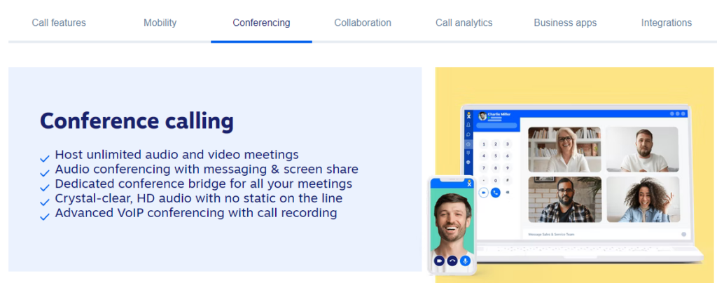 Screenshot of Nextiva conference calling features page