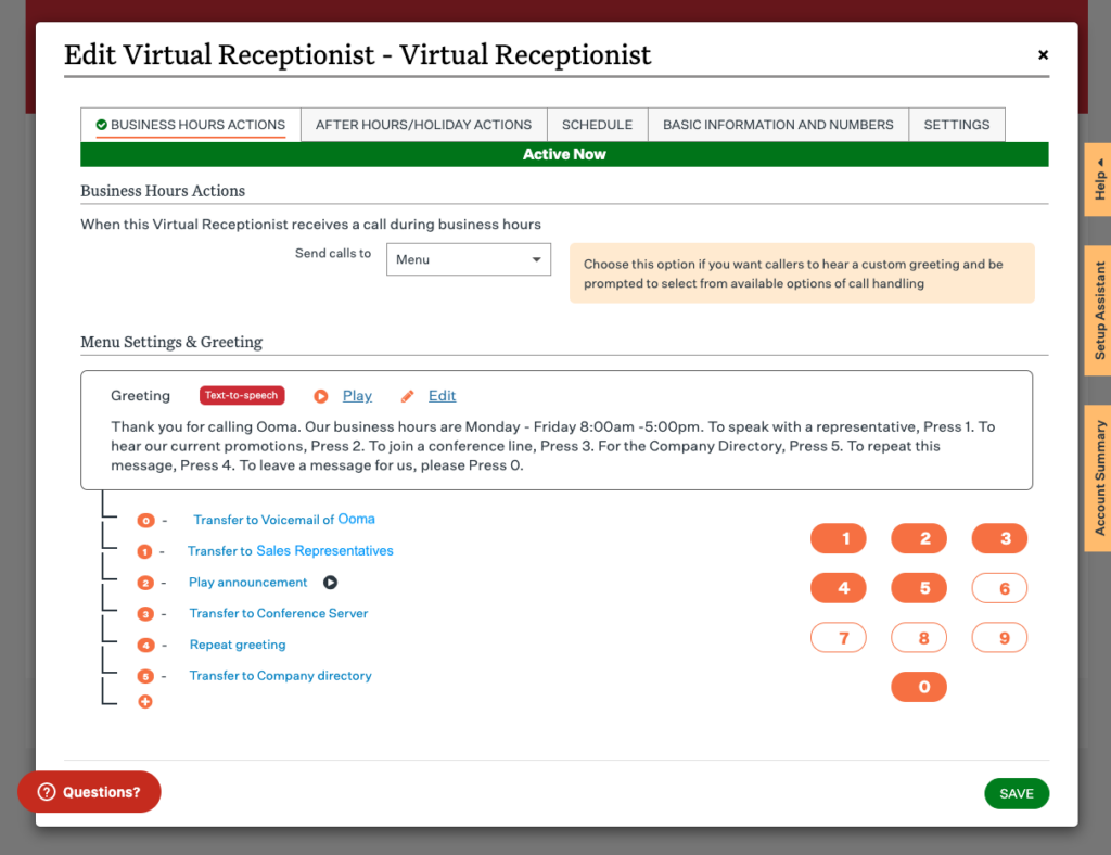Screenshot of Ooma Office edit virtual receptionist page