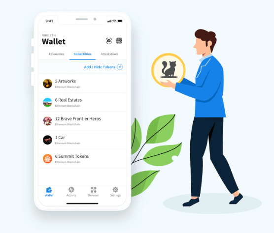 AlphaWallet mobile app displays token collection categories. The smartphone is placed on the left, while a cartoon man holding a big NFT coin approaches it from the right