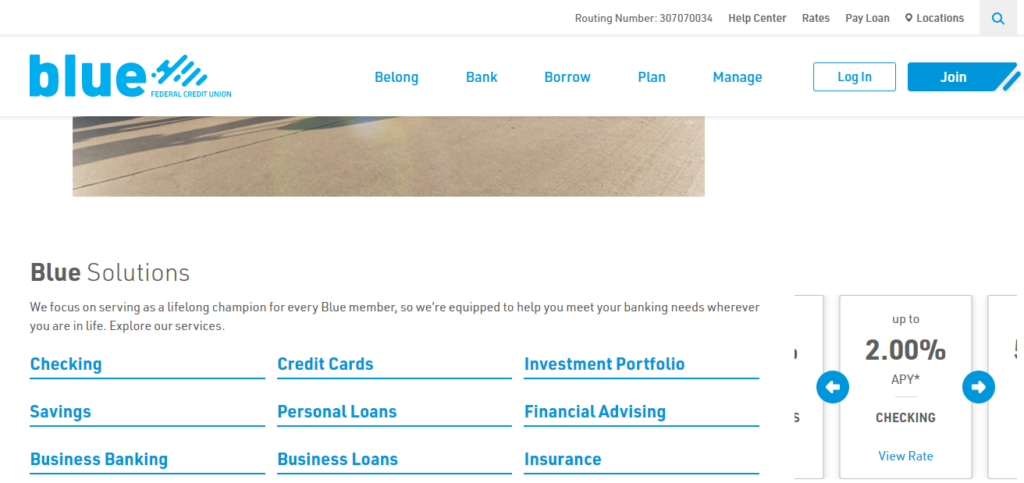 Screenshot of Blue Federal Credit Union solutions page