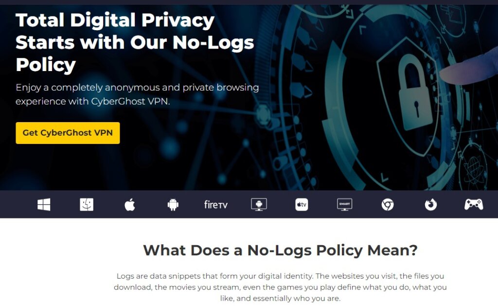 Screenshot of CyberGhost VPN No-Logs Policy page