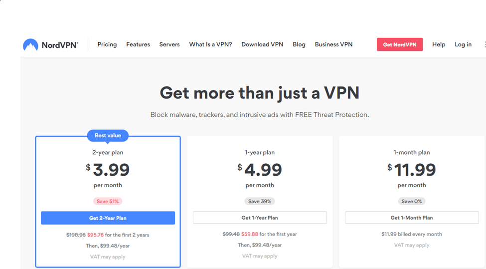 Screenshot of NordVPN Pricing Plans