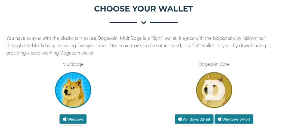 Screenshot of Dogecoin's different types of wallet 